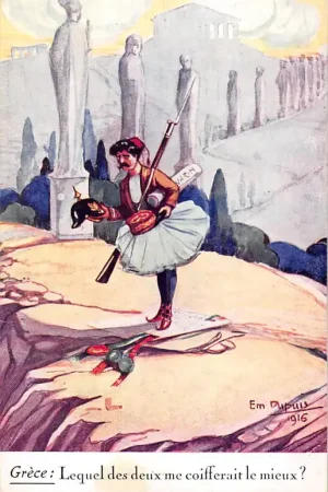 Griekenland WO1 1914-1918 Grece Lequel des deux me coifferait le mieux? Illustrator Em. Dupuis 1916 Cartoon Greece Europa HC41866 Tylko dziś
