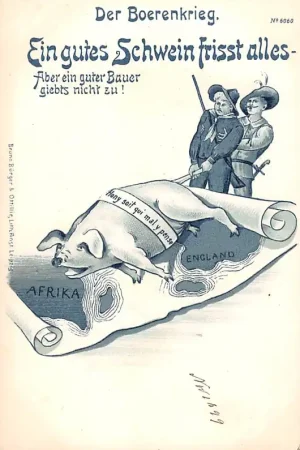 Zuid-Afrika Boerenoorlog 1899 Litho Der Boerenkrieg Boer War 1899 Ein gutes Schwein frisst alles Aber ein guter Bauer giebts nicht zu! Militair Oorlog Caricature Karikatur South Africa Duitsland Deutschland Engeland England Europa Afrika HC40975 Ekspresowa dostawa