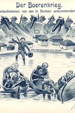 Zuid-Afrika Boerenoorlog 1899 Litho Der Boerenkrieg Boer War 1899 Wie die Buren Momentaufnahmen von den in Durban ankommenden Englandern machen Caricature Karikatur South Africa Duitsland Deutschland Engeland England Europa Afrika HC40971 Wyprzedaż