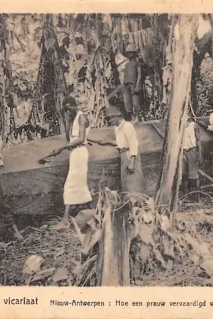 Congo Belge Nieuw-Antwerpen Hoe een prauw vervaardigd wordt te Bosu-Modana België Afrika HC39627 Wysoka jakość