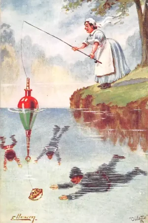 Oryginalny Fantasie Vintage The gentle art of angling Cartoon Humor 1920 Engeland England Europa HC39271