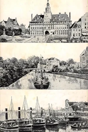 Duitsland Emden Rathaus Partie am Nordertor Hafen Scheepvaart Sleepboot Deutschland Europa HC34547 Zwrot pieniędzy