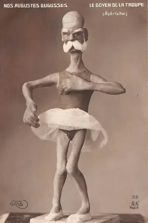 Oryginalny Oostenrijk Frankrijk WO1 1914-1918 Cartoon Spotprent Keizer Nos Augustus Gugusses Le doven de la Troupe Militair Österreich France Europa HC23408