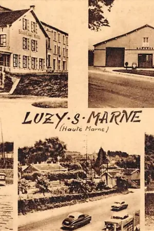 Frankrijk Luzy-sur-Marne Garage Purfina met benzinepomp Hotel Bousejour Restaurant Kanaal met binnenvaart schepen France Europa HC21258 Rabat