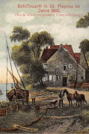 Duitsland Vegesack Bremen 1907 Partie an der Lesum Schiffswerft in St. Magnus im Jahre 1800 Deutschland Europa HC18805 Kup teraz