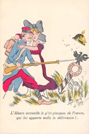 Frankrijk Militair WO1 1914 - 1918 L'Alsace accueille le p'tit pioupou de France, qui lui apporte enfin la delivrance! Sept. 1914 Illsustrator d'Amy Europa HC16595 Tani