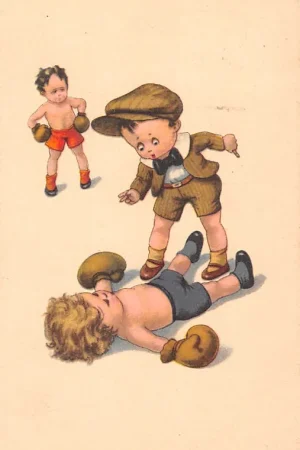 Bezpieczna płatność Fantasie Vintage Boksende kinderen Knock out! Sport Humor Cartoon 1924 HC27662