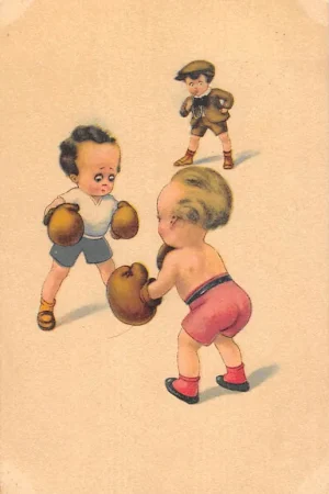 Wysoka jakość Fantasie Vintage Boksende kinderen Sport Humor Cartoon 1924 HC27659