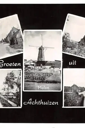 Achthuizen Groeten uit 1966 Tramdijk Galathesedijk Molen R.K. kerk Kruispunt Goeree-Overflakkee HC26148 Oryginalny
