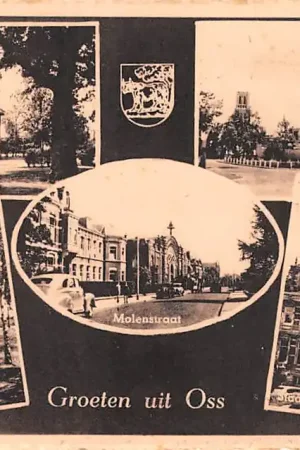 Rabat Oss Groeten uit Nieuwe Brouwerstraat met molen Raadhuis Willibrordus putje Molenstraat Muziektent HC26043