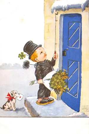 Tani Fantasie Kind Schoorsteenveger met bos bloemen Vintage Illustrator John Wills HC25850