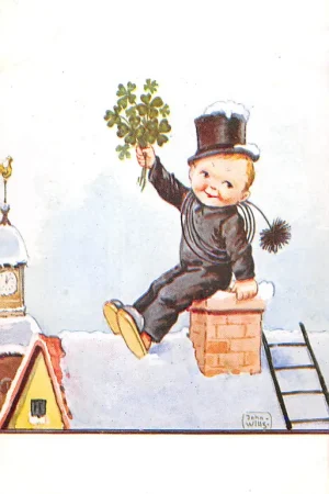 Fantasie Kind Schoorsteenveger op het dak in de sneeuw Vintage Illustrator John Wills HC25849 Rabat