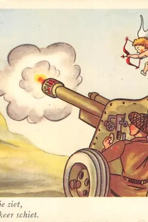 Promocja Militair Humor Als een soldaat een hartje ziet, Is 't raak, zodra hij een keer schiet. Cartoon Illustrator Baumgarten HC25583