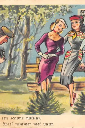 Militair Humor Drie meisjes, een laantje, een schone natuur. Maar hoedt U, soldaten! Speel nimmer met vuur. Cartoon Illustrator Baumgarten HC25580 Ekspresowa dostawa