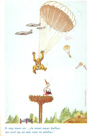 Darmowa dostawa Militair Humor Parachutist Ik zeg maar zo: Je moet maar boffen om juist zo op iets neer te ploffen Cartoon Illustrator Baumgarten HC25578