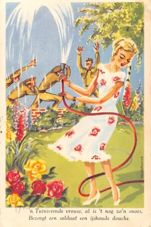 Militair Humor 'n Tuinierende vrouw, al is 't nog zo'n snoes Bezorgt een soldaat een ijskoude douche Cartoon Illustrator Baumgarten HC25570 Autentyczny