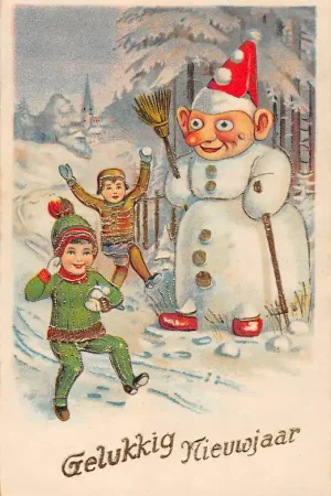 Fantasie Vintage Gelukkig Nieuwjaar Reliëfkaart met goudopdruk Kind Sneeuwpop HC25693 Wysoka jakość