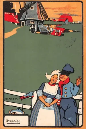 Wysoka jakość Fantasie Vintage Hollands paar in klederdracht en molen 1903 Illustrator C.K. Cook 1903 HC25675