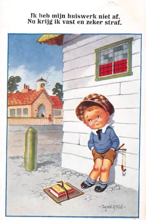 Wyprzedaż Fantasie Vintage Kind Ik heb mijn huiswerk niet af. Nu krijg ik vast en zeker straf. Illustrator Donald Mc Gill HC25671