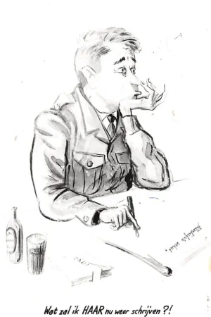 Militair Humor Wat zal ik haar nu weer schrijven?! Cartoon Illustrator J. Uchtmann HC25643 Oryginalny