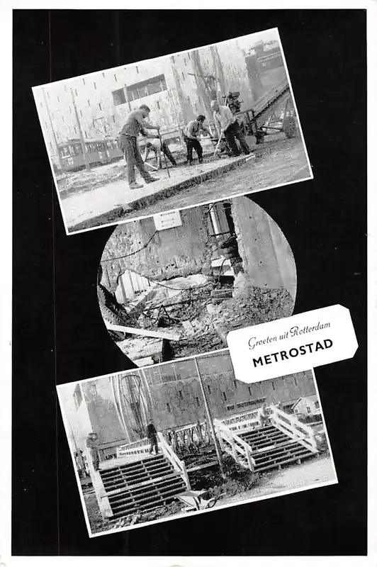 Rotterdam Groeten uit Metrostad Verwijdering bestrating Coolsingel Verbinding tunneldelen Voetbrug tussen Beursgebouw en de Van Oldebarneveltstraat 1964 HC25269 Nowość