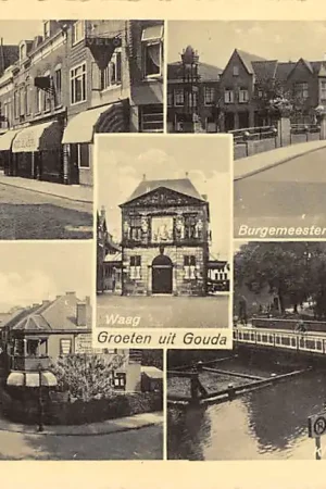 Gouda Groeten uit 1943 Tiendeweg Krugerlaan Waag Burgemeester Martensstraat Boelbrug Kleiwegbrug Kattensingel HC25259 Oryginalny