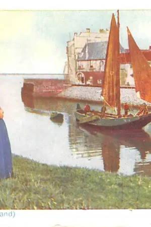 Veere Haven met vissers schip Moeder en dochter in klederdracht Noord-Beveland HC24721 Wysoka jakość