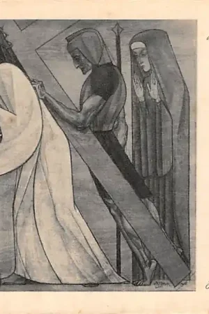 Zwrot pieniędzy Oosterbeek bij Arnhem Illustrator Jan Toorop De veertien Staties van den kruisweg 8e Statie Jezus troost de weenende vrouwen van Jeruzalem HC23605