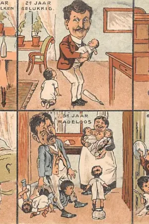 Fantasie Vintage Cartoon Vader met opgroeiende kinderen Spotprent 1904 HC22513 Wyprzedaż