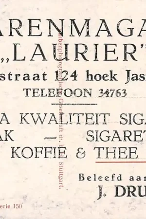 Ekspresowa dostawa Den Haag Reclame Sigarenmagazijn Laurier Laurierstraat 124 hoek Jasmijnstraat J. Drubbel HC18532