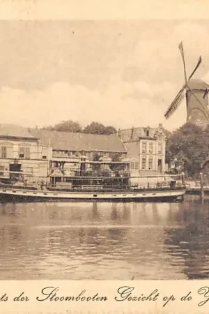 Zwrot pieniędzy Gouda Veerstal Aanlegplaats der Stoombooten Gezicht op de IJssel Reederij De IJssel Molen 't Slot Binnenvaart schepen Scheepvaart HC15761