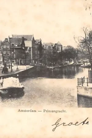 Amsterdam Prinsengracht met Binnenvaart schip Scheepvaart HC15252 Autentyczny