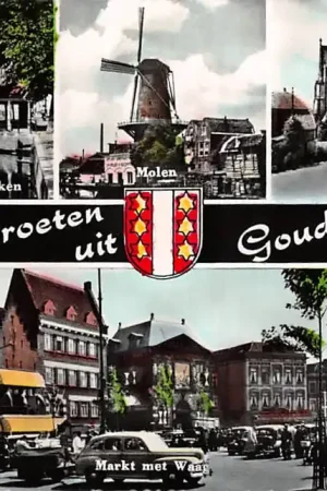 Gouda Groeten uit 1961 Gouwe Molen Vest Poortje St. Jan Markt met Waag Stadhuis HC14722 Szybka dostawa