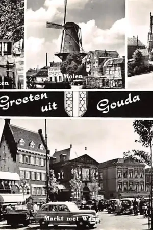 Gouda Groeten uit 1963 Gouwe Molen Vest Poortje St. Jan Markt Waag en Stadhuis HC14720 Zamów teraz