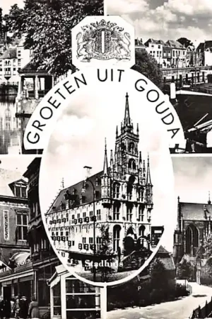 Gouda Groeten uit 1959 Gouwe Stadhuis IJssel Molen Waag en St. Jans Kerk HC14709 Ekspresowa dostawa