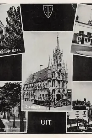 Rabat Gouda Groeten uit 1959 Achter de Kerk Station Stadhuis Gouw en IJssel met molen HC14708
