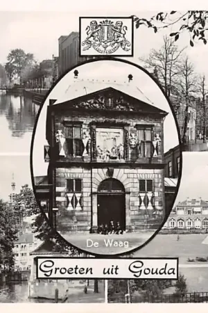 Gouda Groeten uit 1957 Gouwe St. Josephkerk Visbanken Waag en Van Iterson Ziekenhuis HC14659 Najlepsza cena