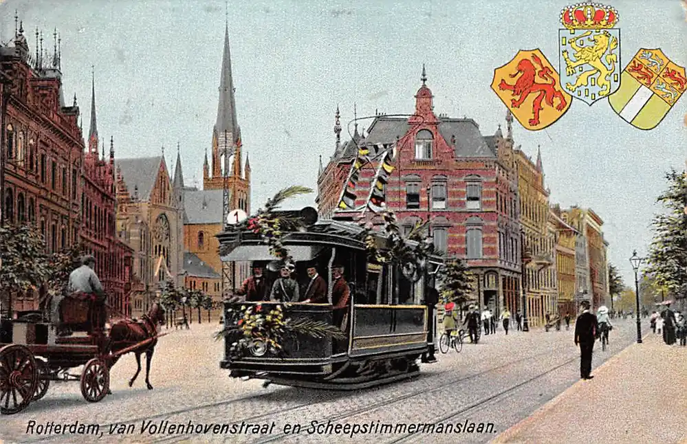 Rotterdam Van Vollenhovenstraat en Scheepstimmermanslaan 19 september 1905 Eerste Elektrische Tram rit van de Honingerdijk naar het Park HC14477 Ekspresowa dostawa