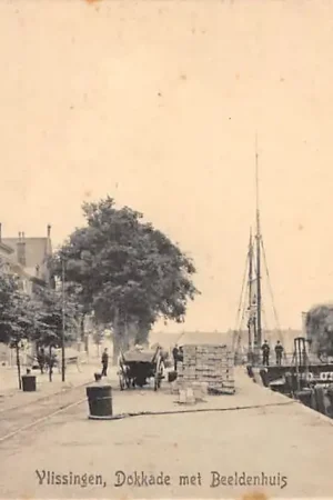 Oryginalny Vlissingen Dokkade met Beeldenhuis Binnenvaart schepen HC14054