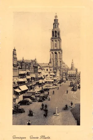 Groningen Groote Markt Martinitoren Auto Tram 3 1938 HC13383 Rabat