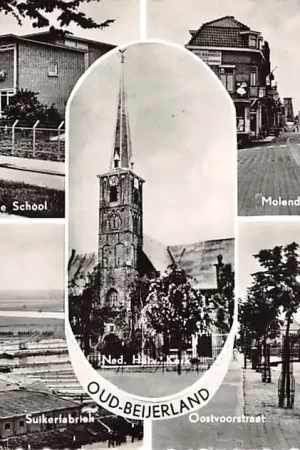 Nowość Oud-Beijerland Technische School Suikerfabriek Ned. Hervormde Kerk Molendijk en Oostvoorstraat Hoeksche Waard HC12966