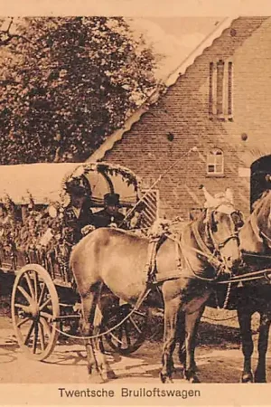 Premium Twente Twentsche Bruilofswagen bij kerk Paard en wagen Bruiloft Klederdracht HC11276