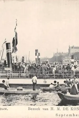 Oryginalny Amsterdam 1904 Bezoek H.M. de Koningin. Aanlegplaats binnenvaart schepen Zaandam Scheepvaart HC11039