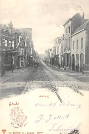 Gouda Kleiweg met niet afgebouwde R.K. kerk en tramrails 1904HC10349 Oryginalny
