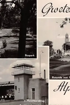 Tani Alphen aan den Rijn Groeten uit 1961 Bospark 's Molenaarsbrug en Rotonde met Ned. Hervormde Kerk HC9407