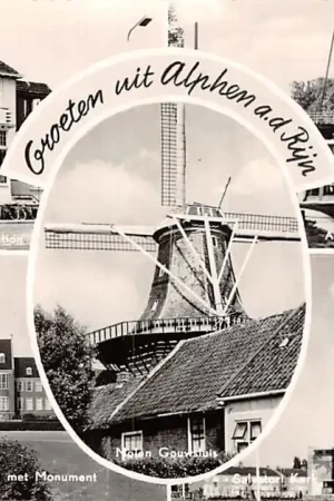Alphen aan den Rijn Groeten uit 1963 Station Raadhuis Brug Gereformeerde Kerk Molen HC8886 Oryginalny
