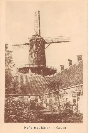 Gouda Roomsch Hofje met Molen de Roode Leeuw aan de Turfsingel HC7521 Kup teraz