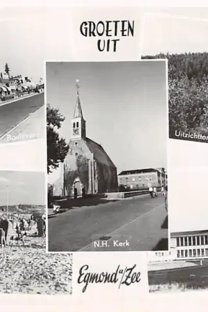 Egmond aan Zee 1952 Groeten uit Boulevard Strand N.H. Kerk Uitzichttoren en Prins Hendrik Stichting HC7283 Rabat
