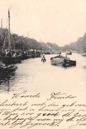 Gouda Kattensingel en Regentesseplantsoen met baggermolen en binnenvaart schepen Scheepvaart 1902 HC7093 Oryginalny