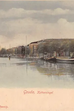 Autentyczny Gouda Kattensingel met binnenvaart schepen Scheepvaart HC7069